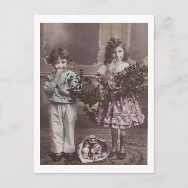 Shy Children with Flowers Antique Postcard (Front)