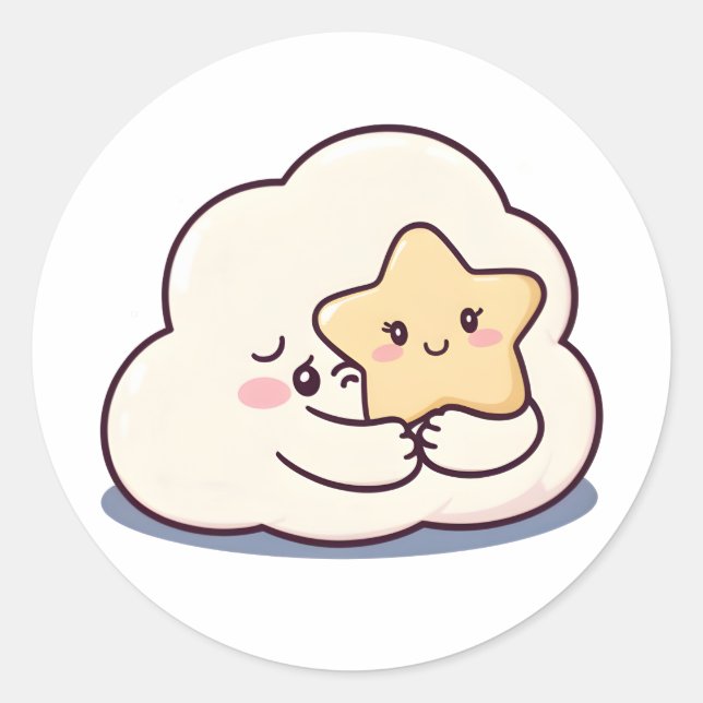 Shy Cloud Hugging a Star – Dreamy Cute Sky Charact Classic Round Sticker (Front)