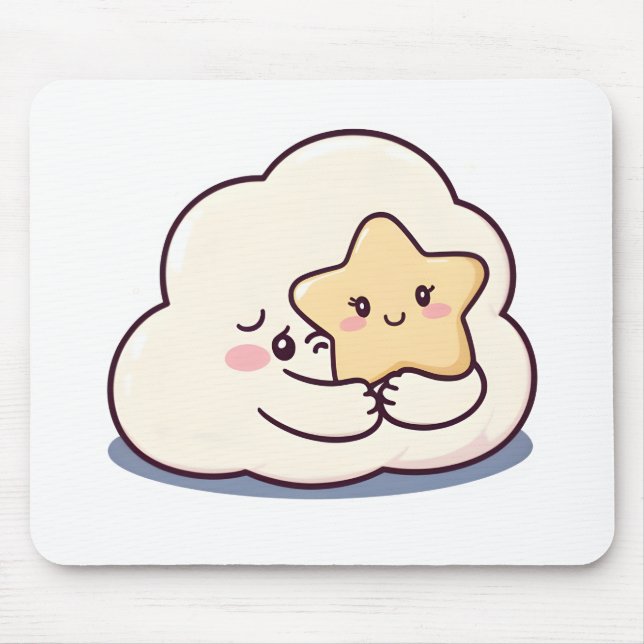 Shy Cloud Hugging a Star – Dreamy Cute Sky Charact Mouse Mat (Front)