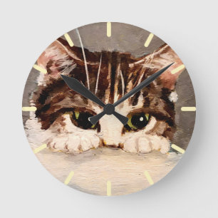 Shy & Curious Tabby Kitten  Round Clock