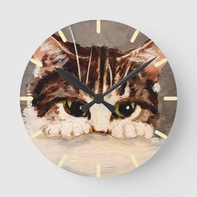 Shy & Curious Tabby Kitten  Round Clock (Front)