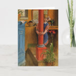 Shy Granddaughter 1918 Card<br><div class="desc">Grandchild playing behind red post looks at the artist.  Colourful vintage image by Swedish artist Carl Larsson.</div>