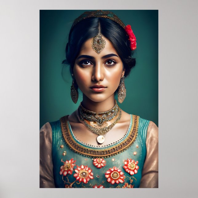 Shy indian girl Decorated with gold necklaces  Poster (Front)