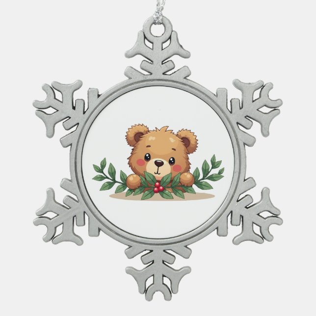 Shy Kawaii Teddy Bear Mistletoe Christmas Snowflake Pewter Christmas Ornament (Front)