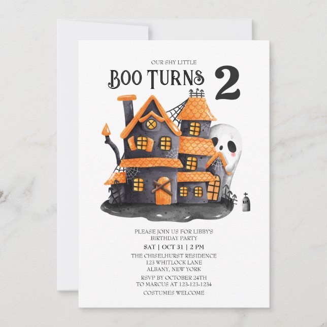 Shy Little Boo Turns 2 Halloween Birthday Party Invitation (Front)