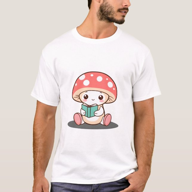 Shy Mushroom Holding a Book T-Shirt (Front)