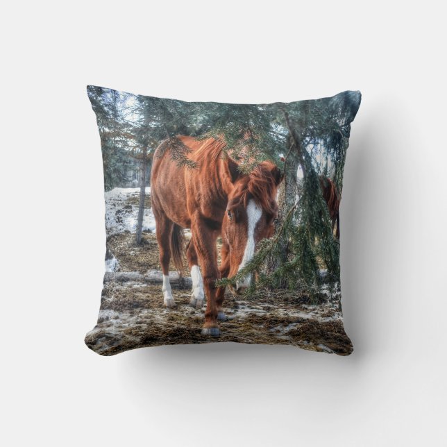 Shy Sorrel Mare and Branches Horse-lover Gift Cushion (Front)