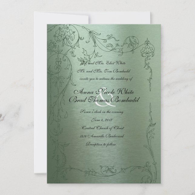 Shy Unicorn Green Metallic Wedding Invitation (Front)