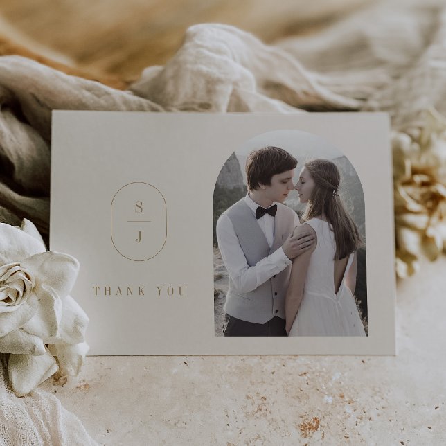 SHYLAH Flat Minimal Gold Cream Boho Photo Wedding Thank You Card (SHYLAH Flat Minimal Gold Cream Boho Photo Wedding Thank You Card)