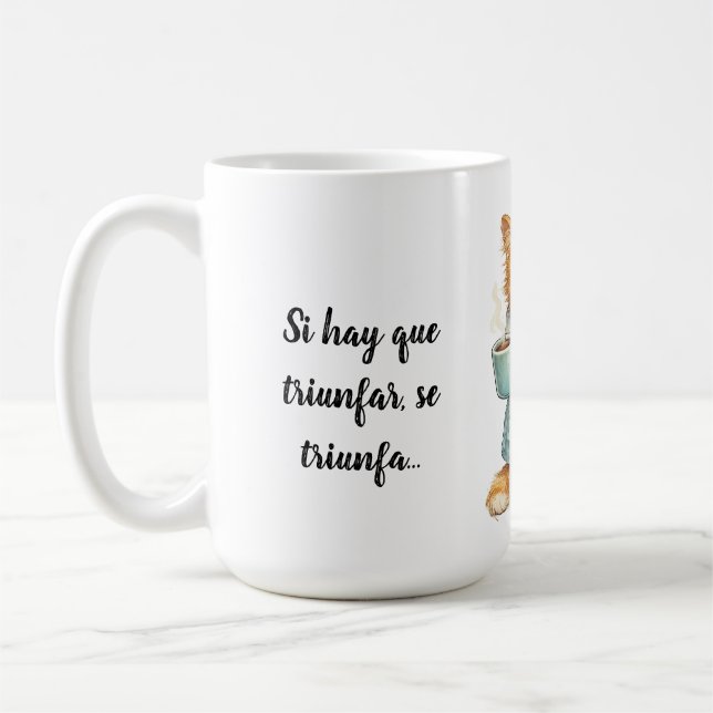 Si Hay Que Triunfar Grumpy Orange Cat Custom Quote Coffee Mug (Left)