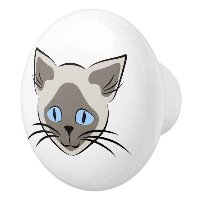 Siamese Blue Eyed Cat Face Dark on Light Graphic Ceramic Knob (Right)