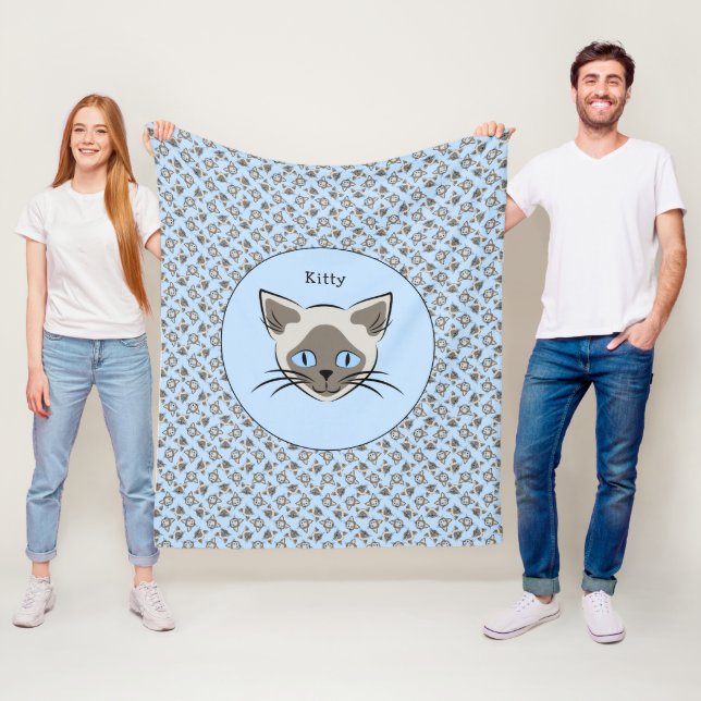 Siamese Blue Eyed Cat Face Dark on Light Graphic Fleece Blanket (In Situ)