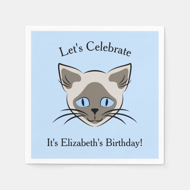 Siamese Blue Eyed Cat Face Graphic Birthday Napkin (Front)