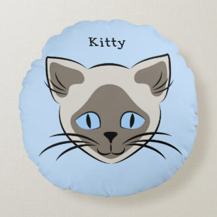 Siamese Blue Eyed Cat Face Graphic Custom Name Round Cushion