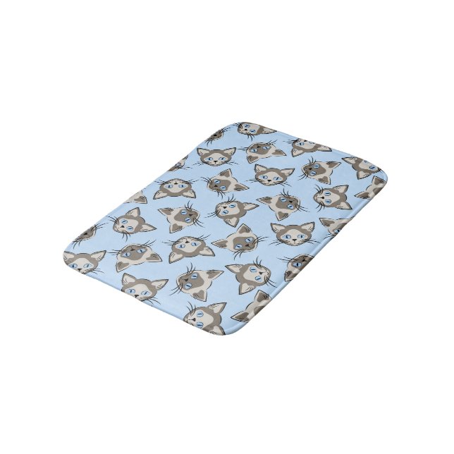 Siamese Blue Eyed Cat Faces Graphic Art Pattern Bath Mat (Angled)