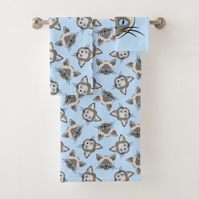 Siamese Blue Eyed Cat Faces Graphic Art Pattern Bath Towel Set (Insitu)