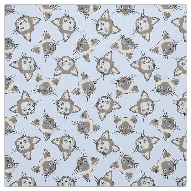 Siamese Blue Eyed Cat Faces Graphic Art Pattern Fabric (Swatch)