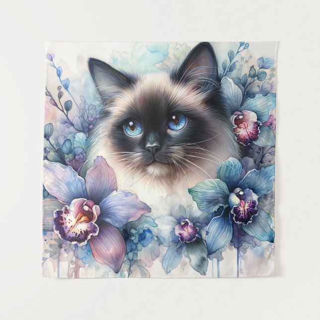 Siamese Cat Among Orchid Flowers Watercolor Tapestry (Front)