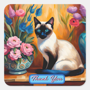 Siamese Cat And Bouquets in Vases Thank You Square Sticker