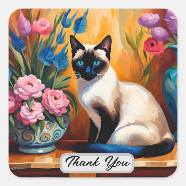 Siamese Cat And Bouquets in Vases Thank You Square Sticker (Front)