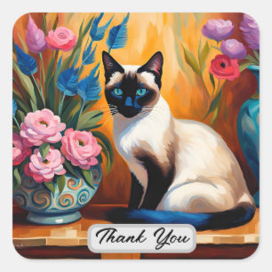Siamese Cat And Bouquets in Vases Thank You Square Sticker