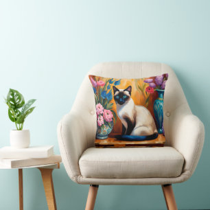 Siamese Cat And Bouquets in Vases watercolor Cushion