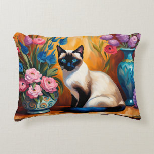 Siamese Cat And Bouquets in Vases watercolor Decorative Cushion