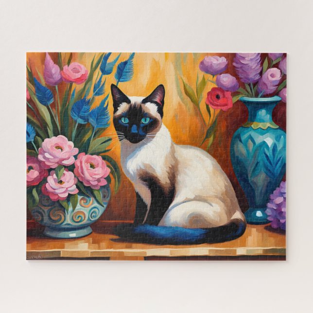 Siamese Cat And Bouquets in Vases watercolor Jigsaw Puzzle (Horizontal)