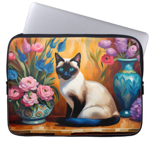 Siamese Cat And Bouquets in Vases watercolor Laptop Sleeve