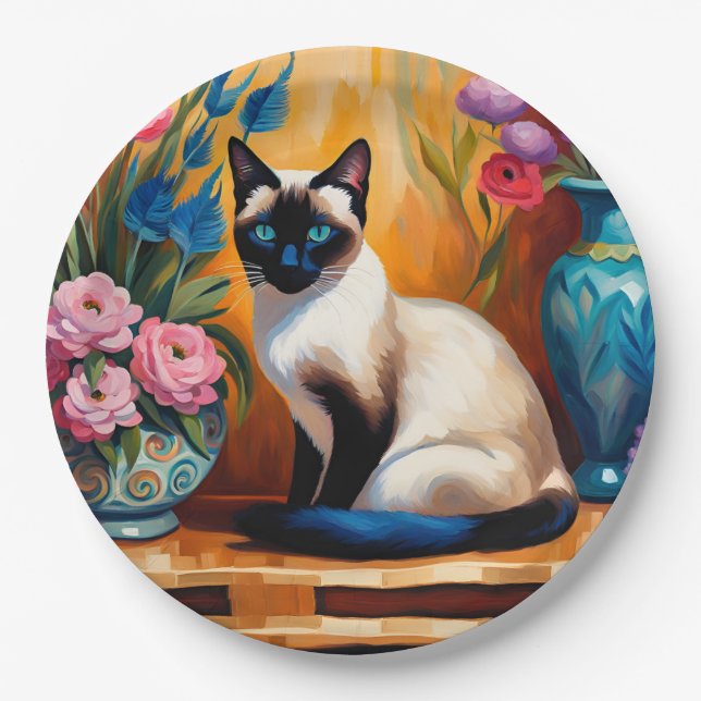 Siamese Cat And Bouquets in Vases watercolor Paper Plate (Front)