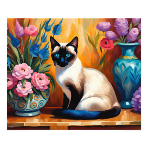Siamese Cat And Bouquets in Vases watercolor Photo Print