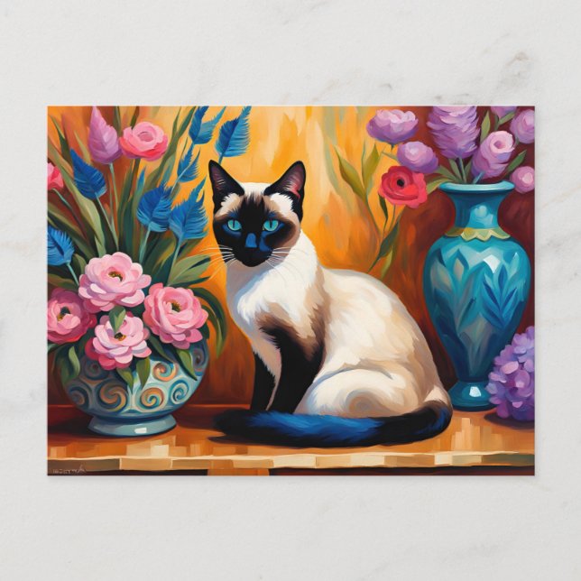 Siamese Cat And Bouquets in Vases watercolor Postcard (Front)