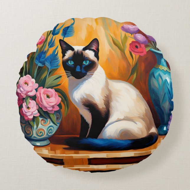 Siamese Cat And Bouquets in Vases watercolor Round Cushion (Front)