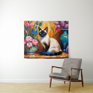Siamese Cat And Bouquets in Vases watercolor Tapestry