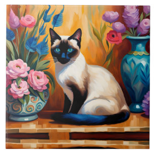 Siamese Cat And Bouquets in Vases watercolor Tile