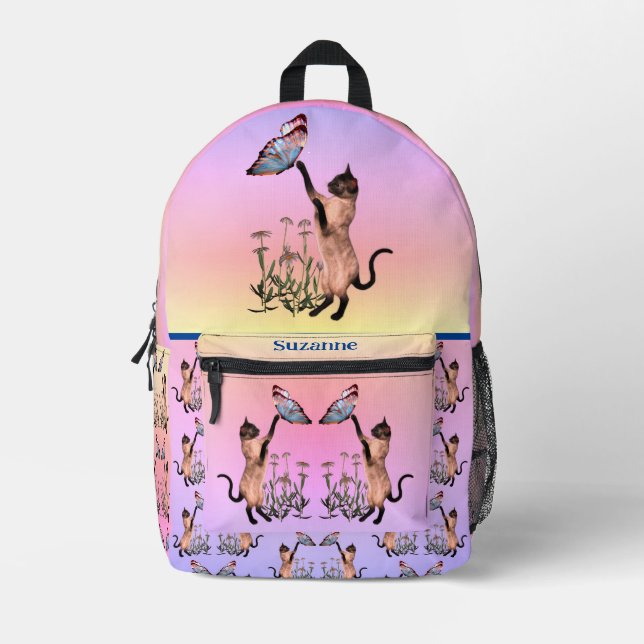 Siamese Cat And Butterfly Personalised Printed Backpack (Front)