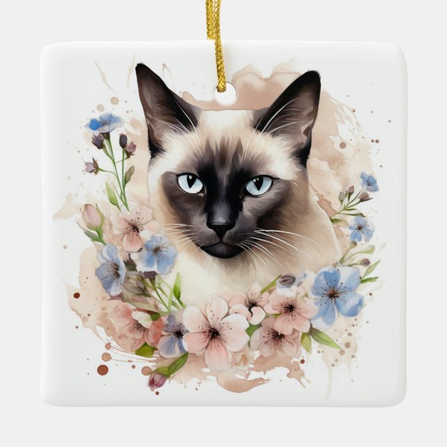 Siamese Cat And Flowers Watercolor Ceramic Ornament (Front)