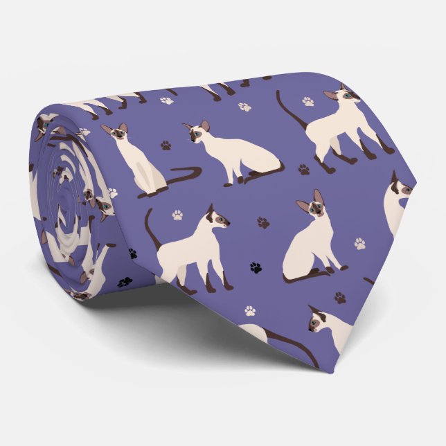 Siamese Cat and Paws Purple Tie (Rolled)