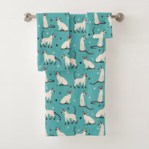 Siamese Cat and Paws Teal Blue Bath Towel Set