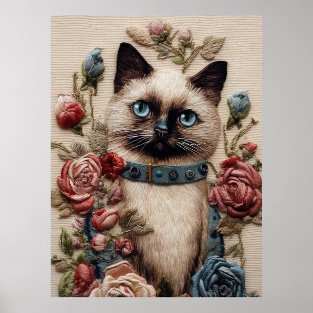 Siamese Cat and Roses 3D Embroidery Art Poster (Front)
