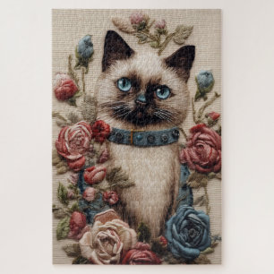 Siamese Cat and Roses Embroidery Jigsaw Puzzle