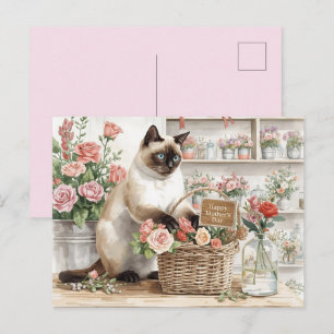 Siamese Cat arranging flowers for Mother's Day Postcard