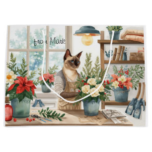 Siamese Cat arranging Flowers Winter Christmas Large Gift Bag