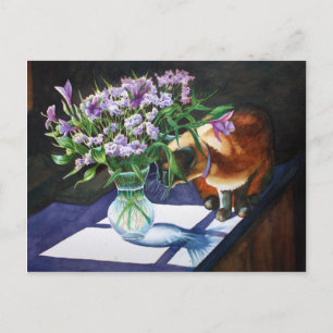 Siamese Cat Attacking Vase of Flowers Postcard