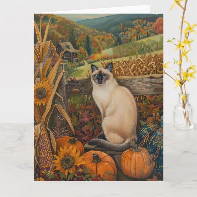Siamese Cat Autumn Harvest Thanksgiving Card (Yellow Flower)