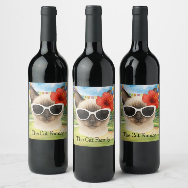 Siamese Cat  Beach themed for Christmas in July  Wine Label (Bottles)