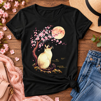 Siamese Cat Beneath a Pink Moon T-Shirt