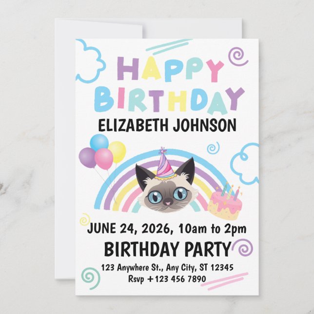 Siamese Cat Birthday Invitation in White (Front)