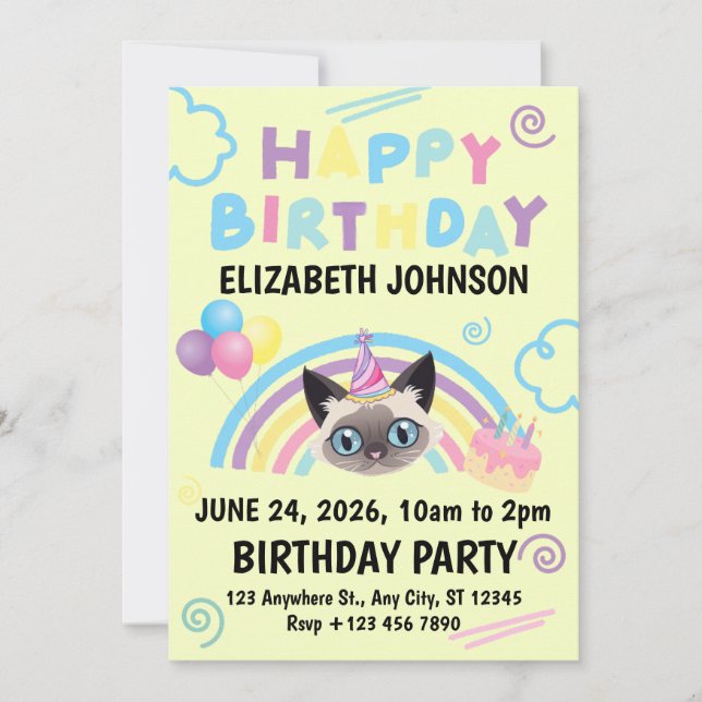 Siamese Cat Birthday Invitation in Yellow (Front)