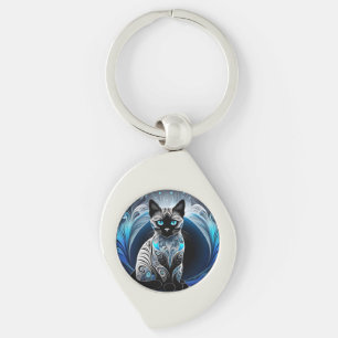 Siamese cat, black blue and white abstract key ring
